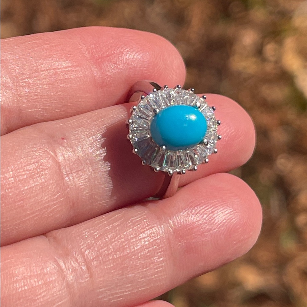 Natural Turquoise Gemstone & CZ Ring in 925 Silver Size 7